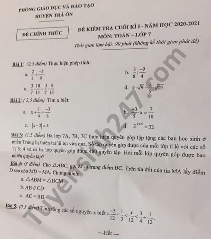 Đề thi học kì 1 năm 2020 huyện Trà Ôn môn Toán lớp 7 