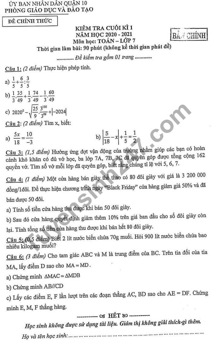 Đề thi học kì 1 năm 2020 môn Toán lớp 7 Phòng GD Quận 10 