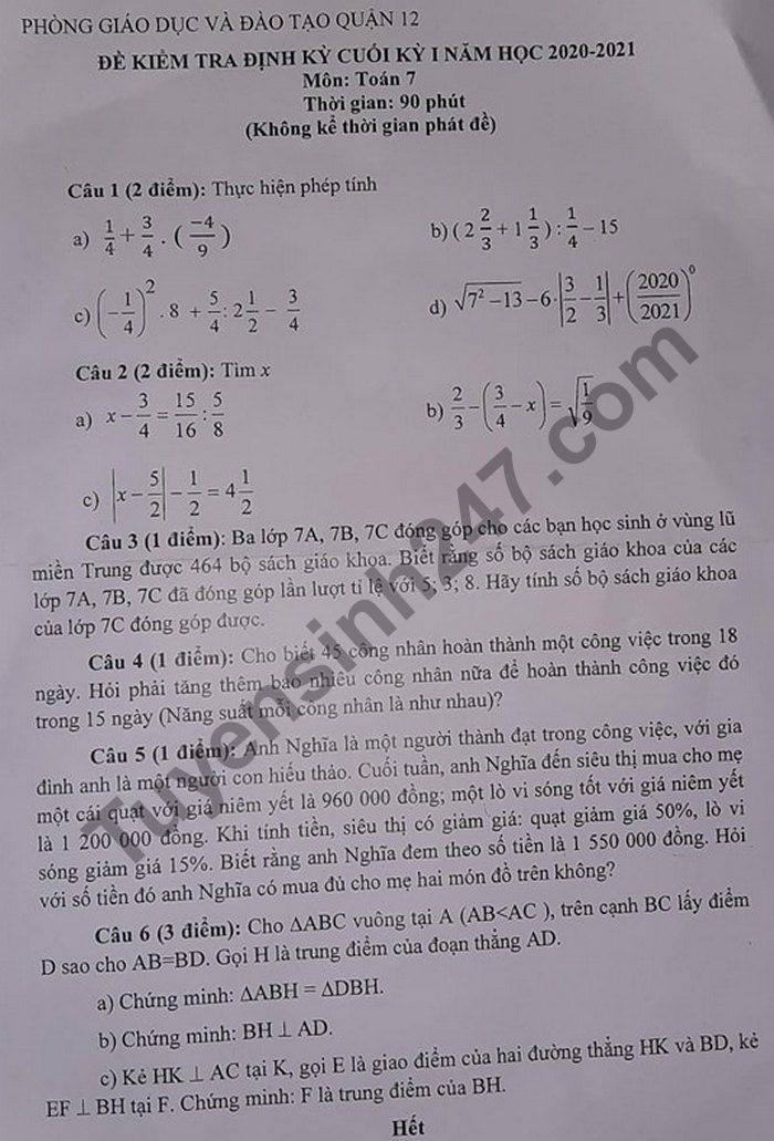 Đề thi học kì 1 môn Toán lớp 7 Phòng GD Quận 12 năm 2020