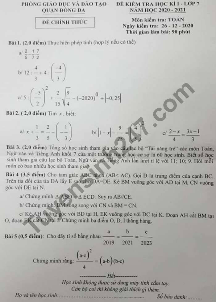 Đề thi học kì 1 môn Toán lớp 7 năm 2020 Quận Đống Đa