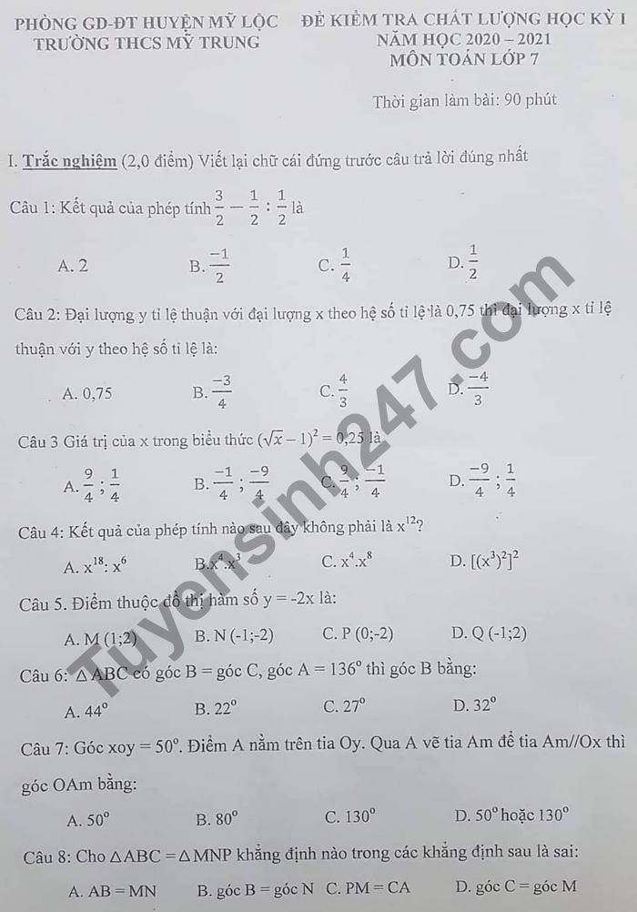 Đề thi học kì 1 THCS Mỹ Trung môn Toán lớp 7 năm 2020