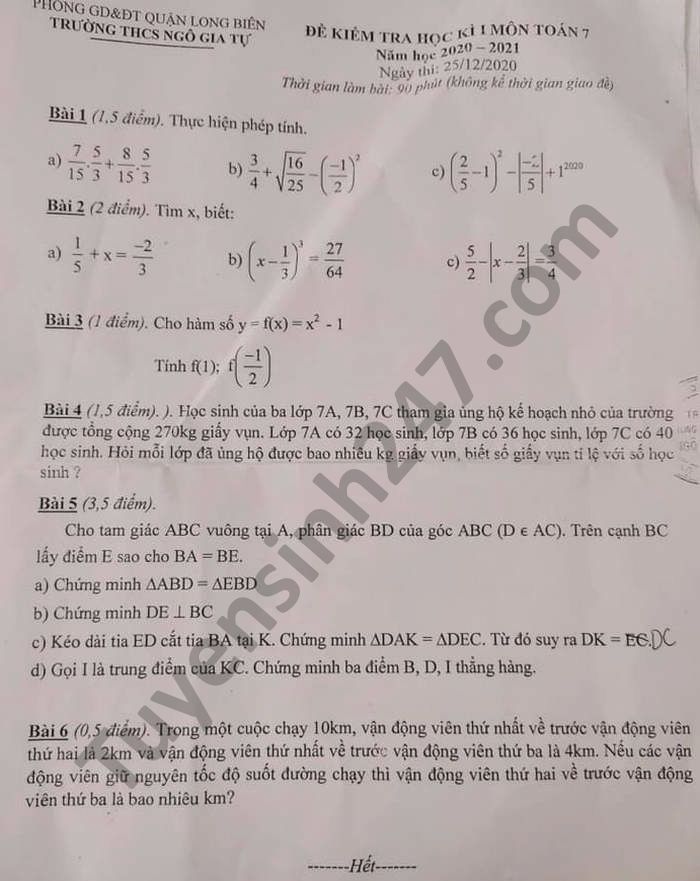 Đề thi học kì 1 THCS Ngô Gia Tự Toán lớp 7 năm 2020