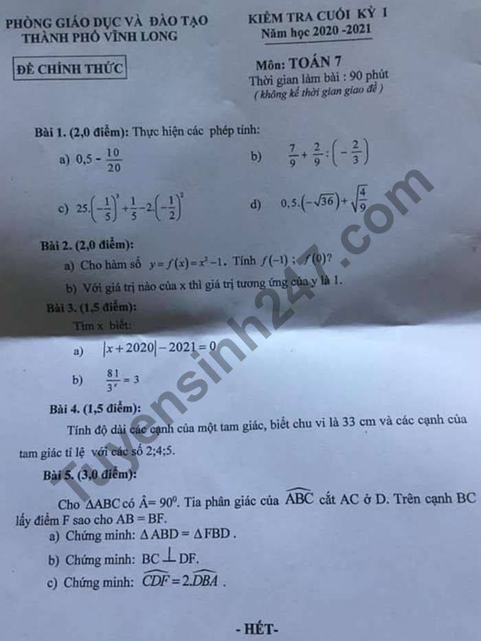 Đề thi học kì 1 Toán lớp 7 năm 2020 Phòng GD TP Vĩnh Long