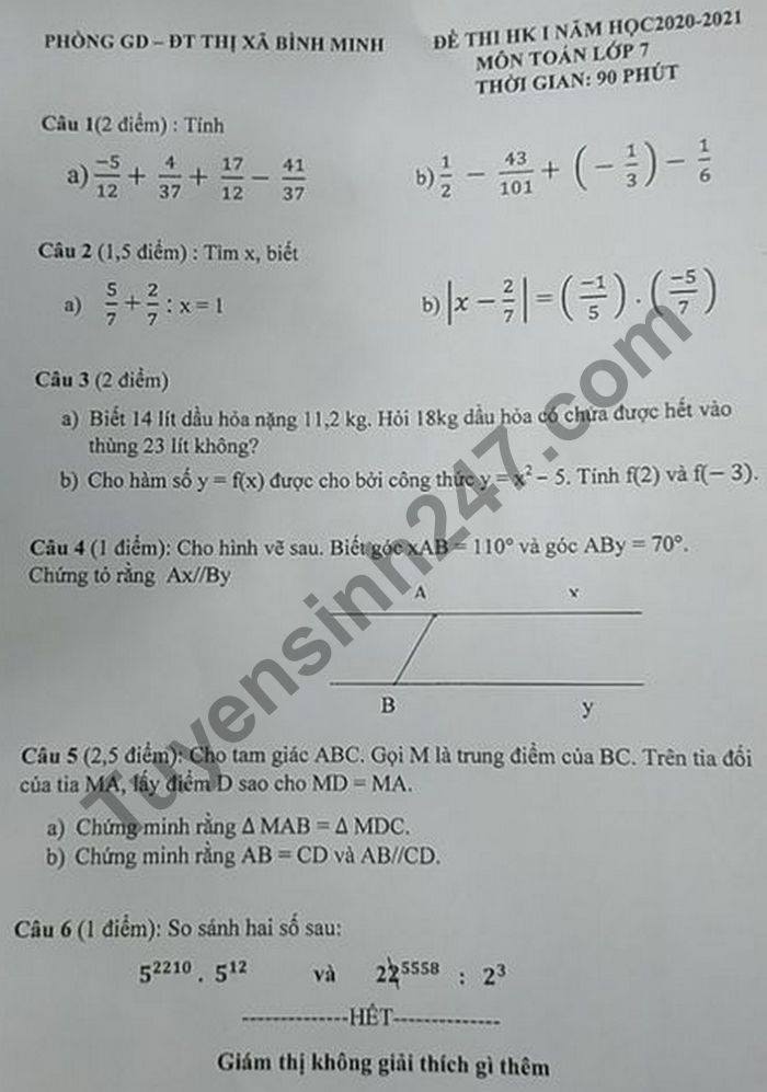 Đề thi học kì 1 năm 2020 môn Toán lớp 7 Phòng GD TX Bình Minh