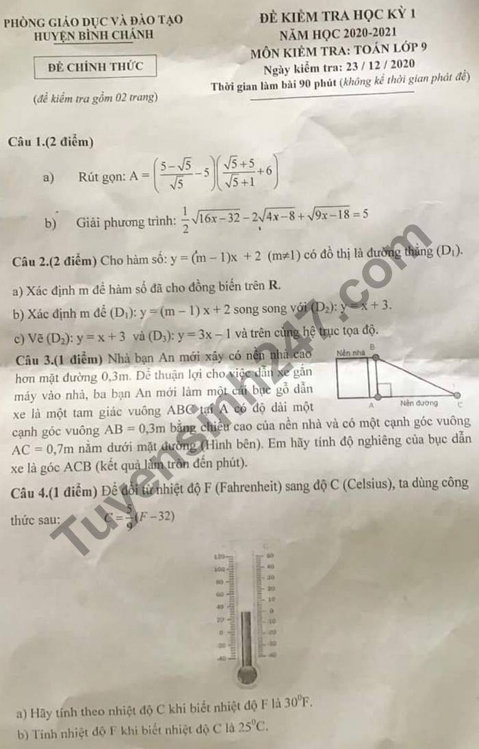 Đề thi học kì 1 năm 2020 Toán lớp 9 huyện Bình Chánh