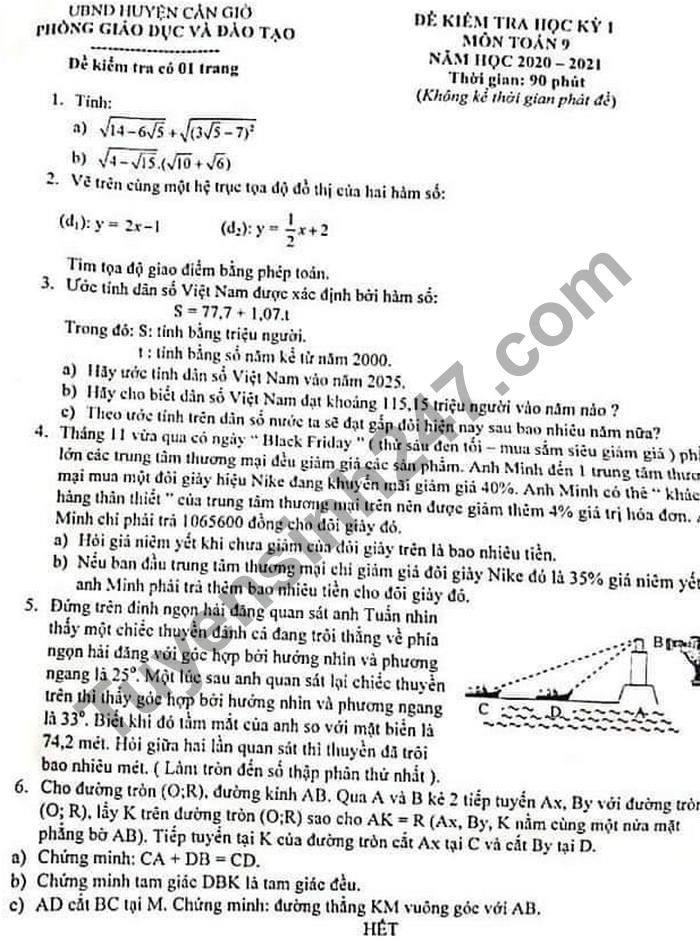 Đề thi học kì 1 năm 2020 Toán lớp 9 huyện Cần Giờ