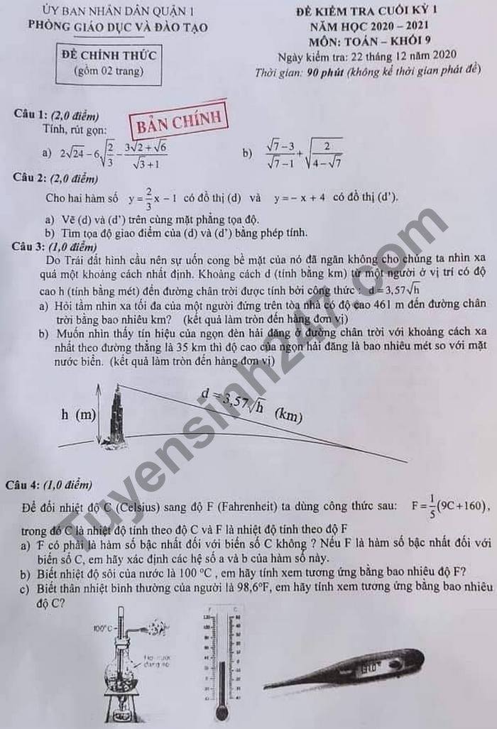 Đề thi học kì 1 Toán lớp 9 Phòng GD Quận 1 năm 2020