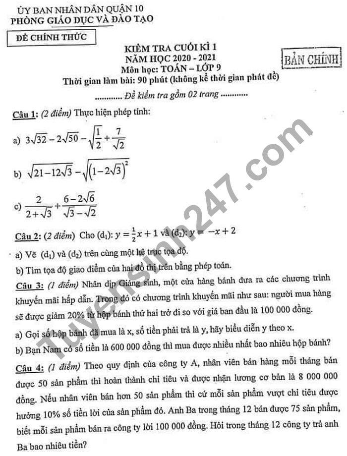 Đề thi học kì 1 năm 2020 môn Toán lớp 9 Phòng GD Quận 10