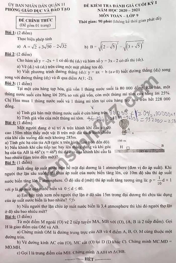 Đề thi học kì 1 năm 2020 Toán lớp 9 Phòng GD Quận 11