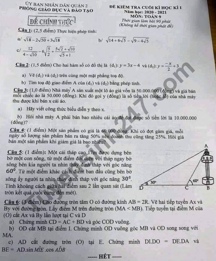 Đề thi học kì 1 năm 2020 môn Toán lớp 9 Phòng GD Quận 2