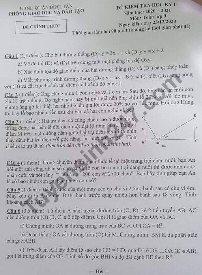 Đề thi học kì 1 năm 2020 môn Toán lớp 9 Quận Bình Tân