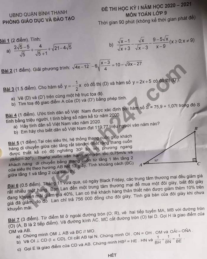 Đề thi học kì 1 môn Toán lớp 9 Quận Bình Thạnh năm 2020