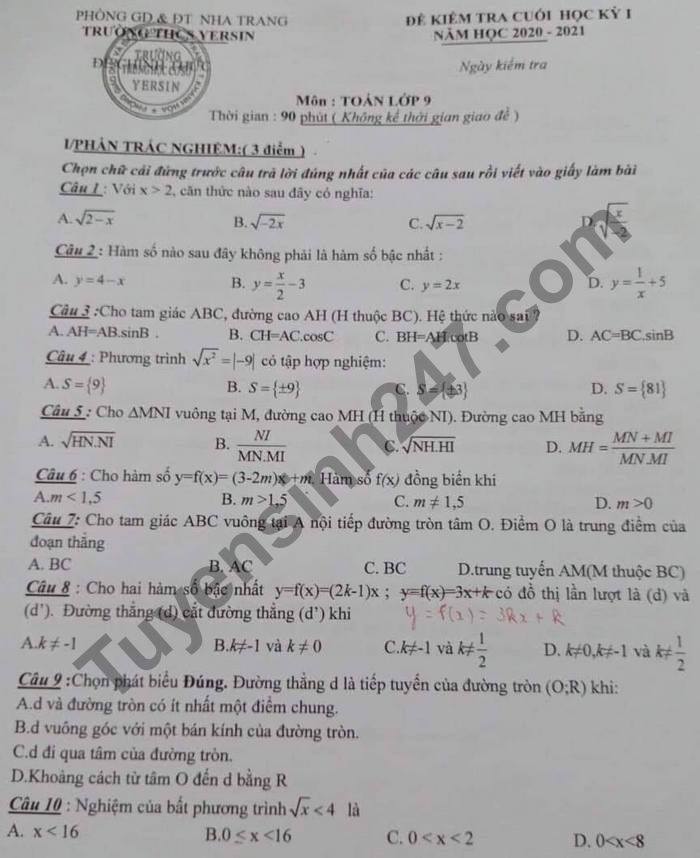 Đề thi học kì 1 năm 2020 môn Toán lớp 9 THCS Yersin 