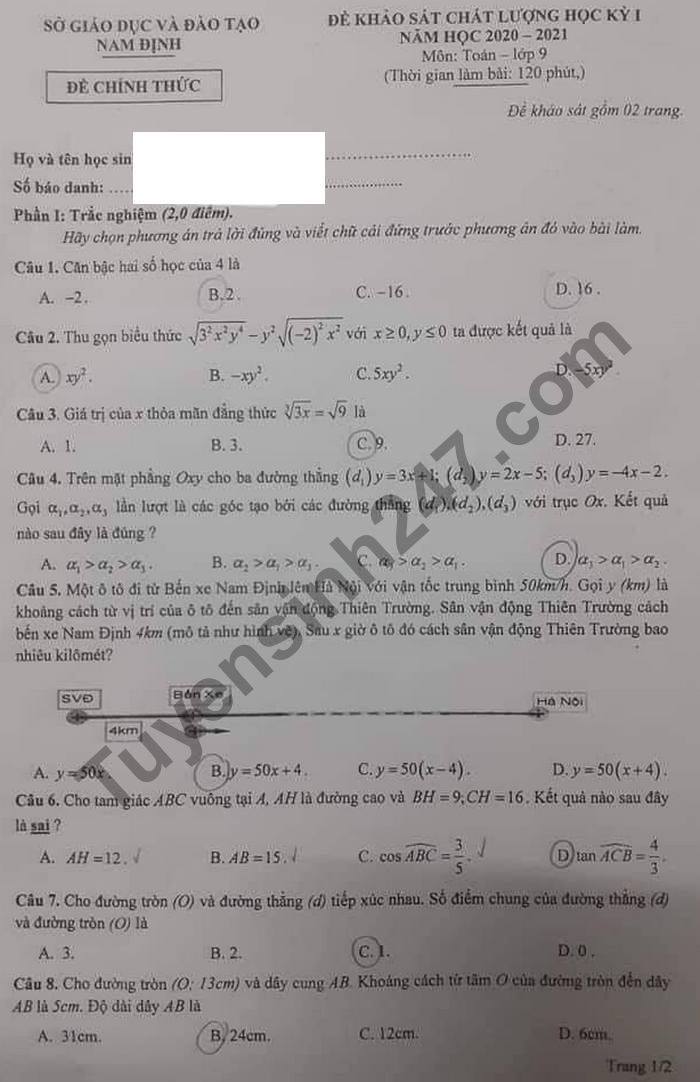 Đề thi học kì 1 môn Toán lớp 9 năm 2020 tỉnh Nam Định