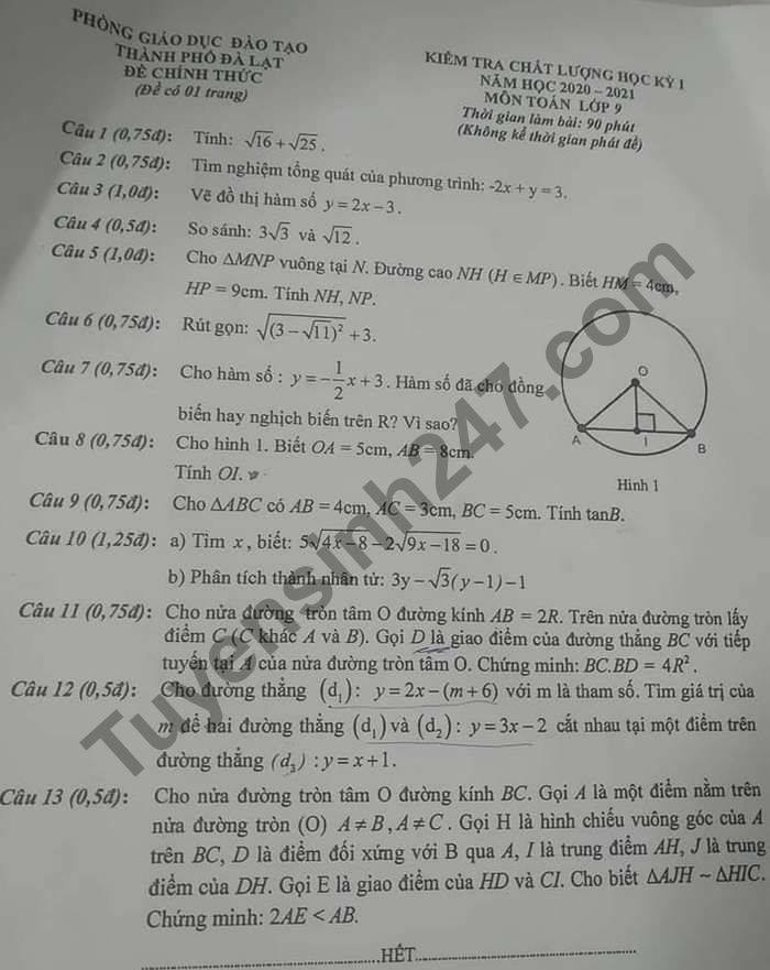 Đề thi học kì 1 Phòng GD TP Đà Lạt môn Toán lớp 9 năm 2020