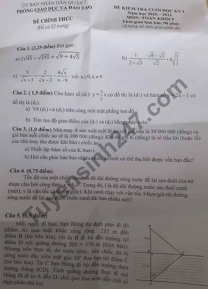 Đề thi học kì 1 năm 2020 môn Toán lớp 9 Phòng GD Quận 7