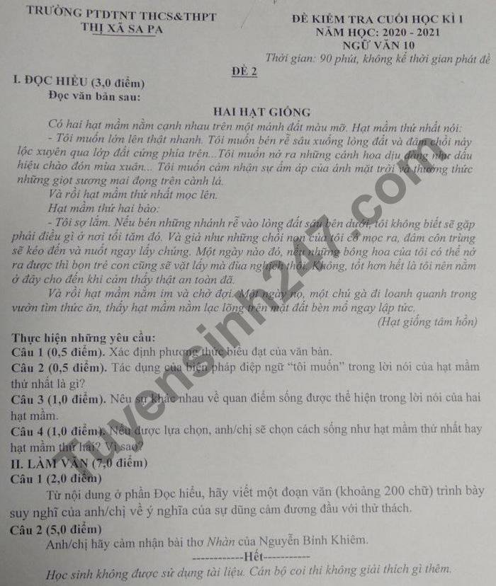 Đề thi học kì 1 Văn lớp 10 PTDTNT THCS-THPT TX Sa Pa năm 2020 