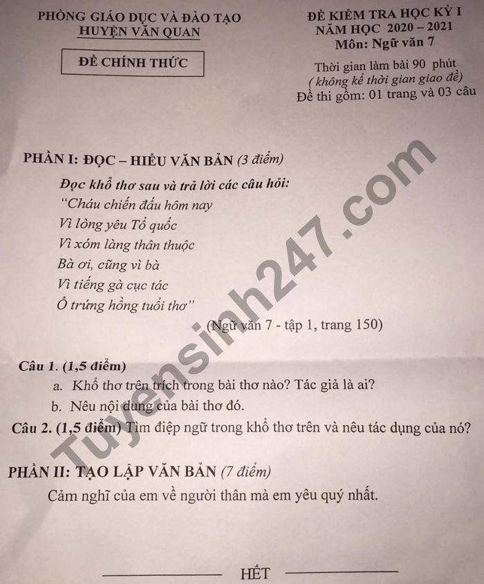 Đề thi học kì 1 năm 2020 môn Văn lớp 7 huyện Văn Quan 