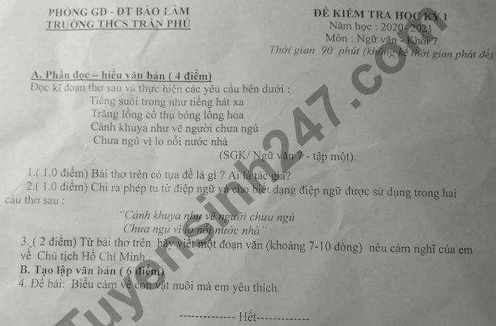 Đề thi học kì 1 môn Văn lớp 7 năm 2020 THCS Trần Phú 