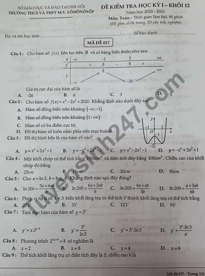 Đề thi học kì 1 năm 2020 lớp 12 môn Toán THCS&THPT M.V.Lômônôxốp
