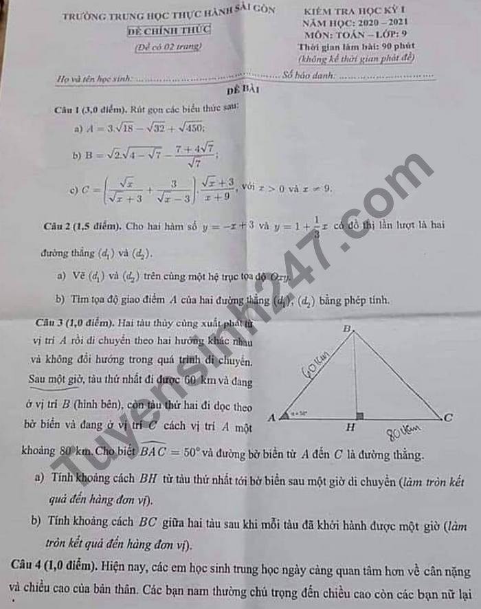 Đề thi học kì 1 lớp 9 môn Toán năm 2020 Trường THTH Sài Gòn