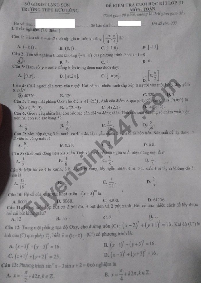 Đề thi học kì 1 THPT Hữu Lũng lớp 11 môn Toán năm 2020