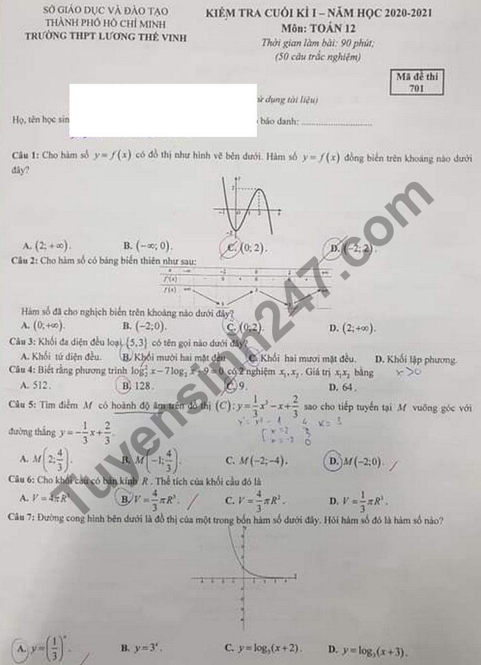 Đề thi học kì 1 năm 2020 môn Toán lớp 12 THPT Lương Thế Vinh