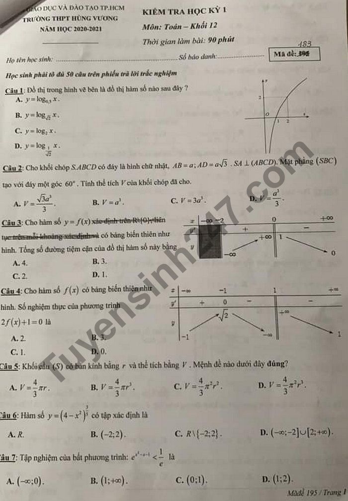 Đề thi học kì 1 năm 2020 môn Toán lớp 12 THPT Hùng Vương