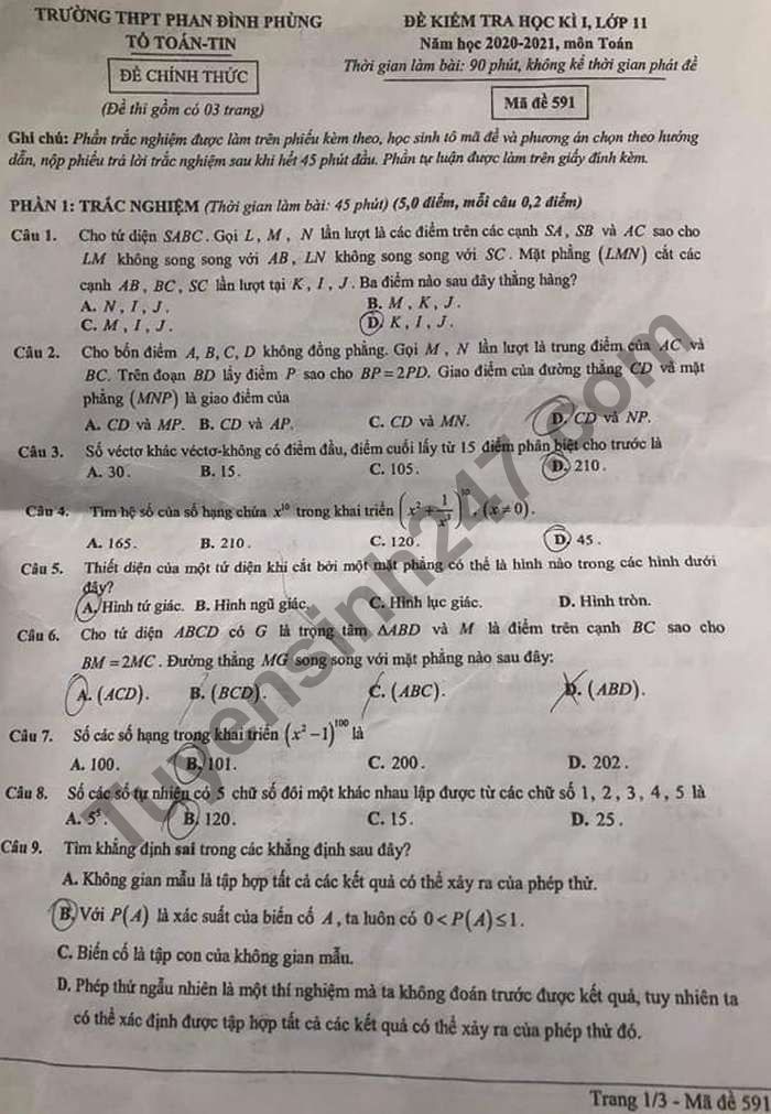 Đề thi học kì 1 năm 2020 lớp 11 môn Toán THPT Phan Đình Phùng