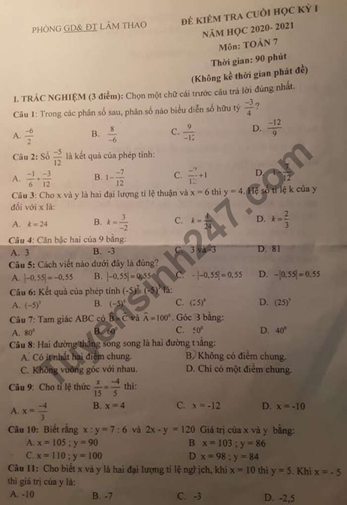 Đề thi học kì 1 môn Toán lớp 7 Phòng GD Lâm Thao năm 2020