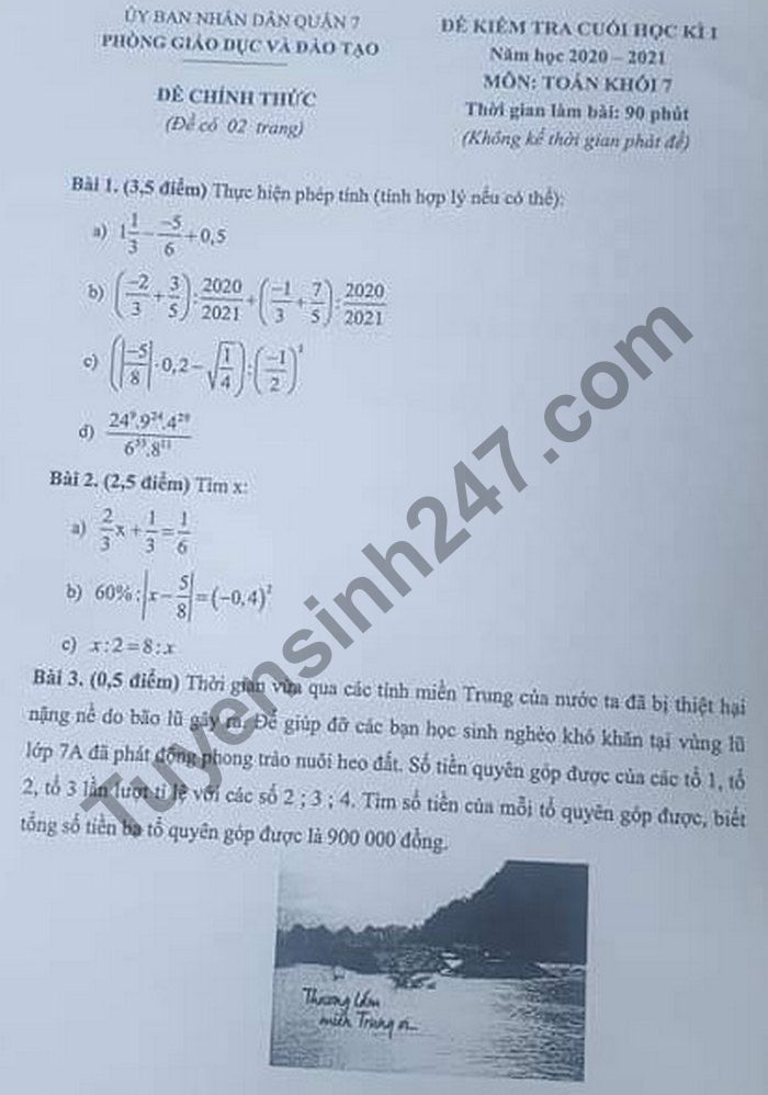 Đề thi học kì 1 lớp 7 môn Toán năm 2020 Phòng GD Quận 7