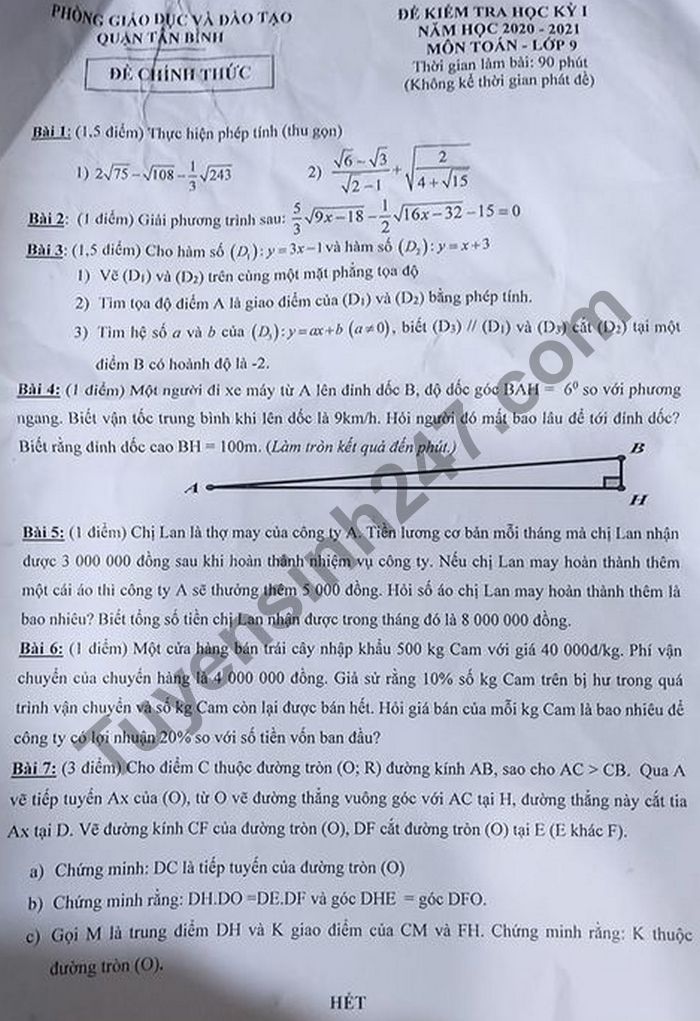 Đề thi học kì 1 lớp 9 môn Toán Phòng GD quận Tân Bình năm 2020