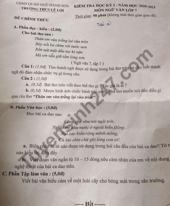 Đề thi học kì 1 Trường THCS Lê Lợi môn Văn lớp 7 năm 2020