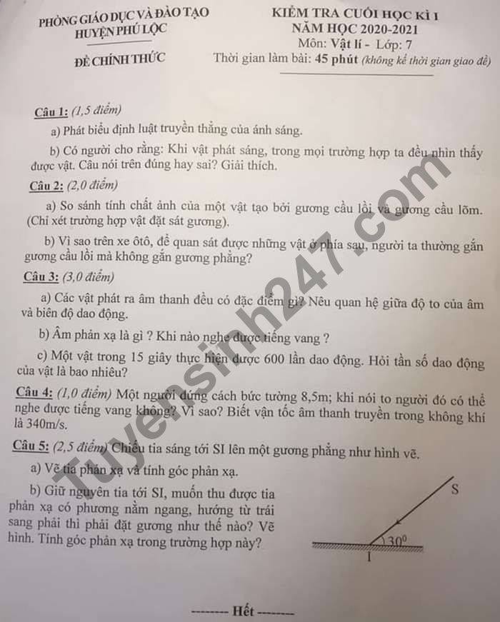 Đề thi học kì 1 môn Lý lớp 7 huyện Phú Lộc năm 2020 