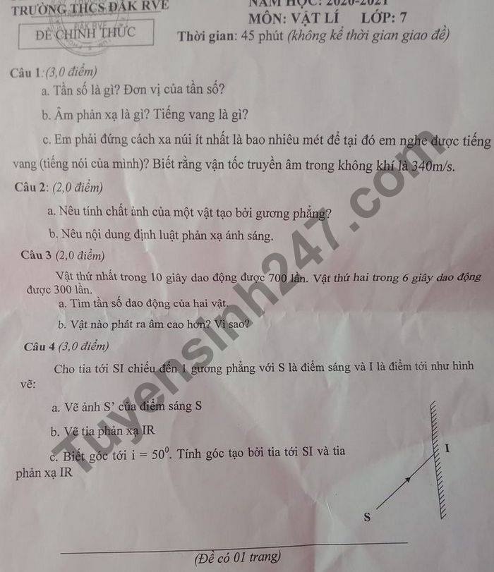 Đề thi học kì 1 môn Lý lớp 7 THCS Đắk Rve năm 2020 