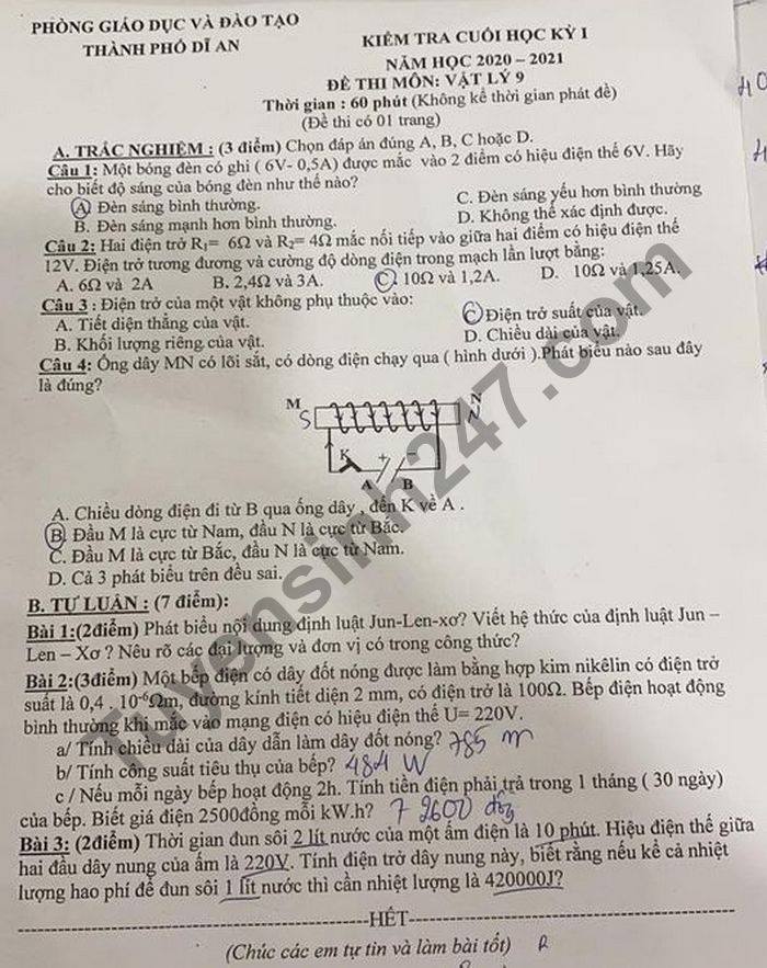 Đề thi học kì 1 môn Lý lớp 9 Phòng GD TP Dĩ An năm 2020 