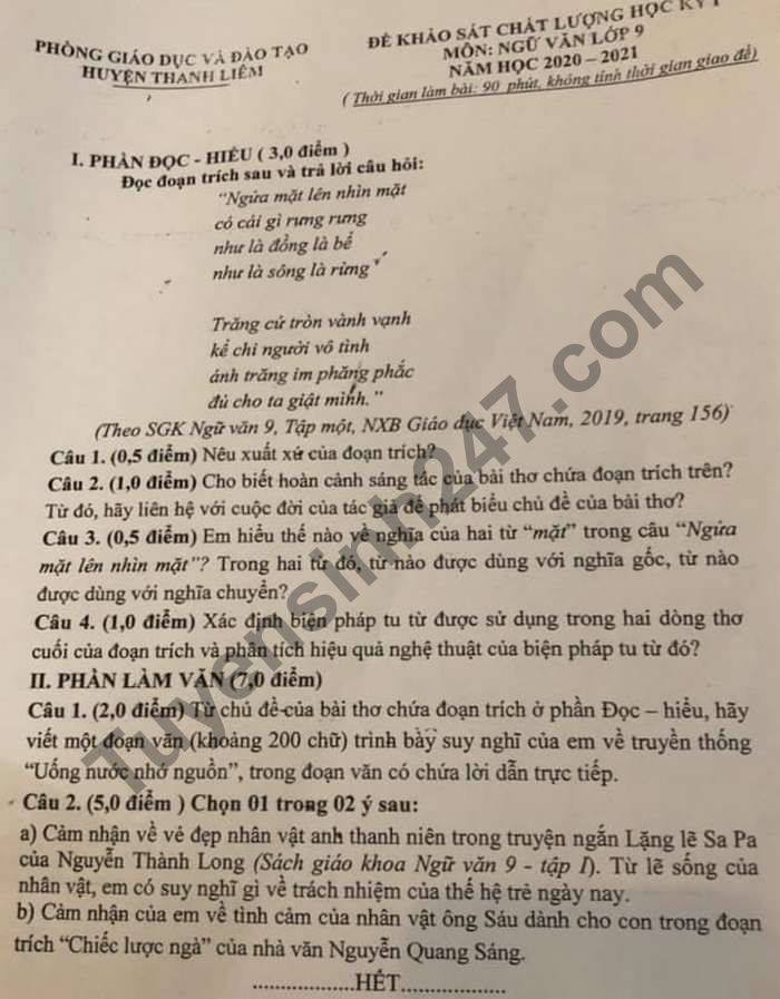 Đề thi học kì 1 năm 2020 huyện Thanh Liêm môn Văn lớp 9