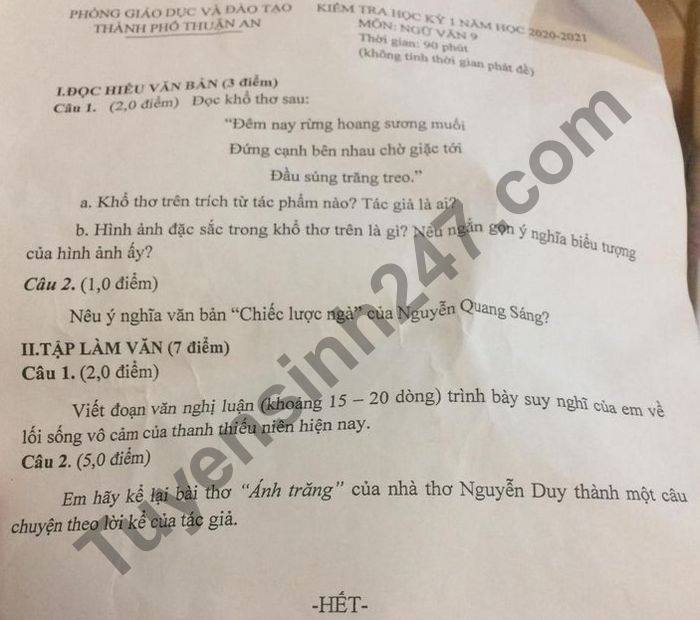 Đề thi học kì 1 TP Thuận An môn Văn lớp 9 năm 2020