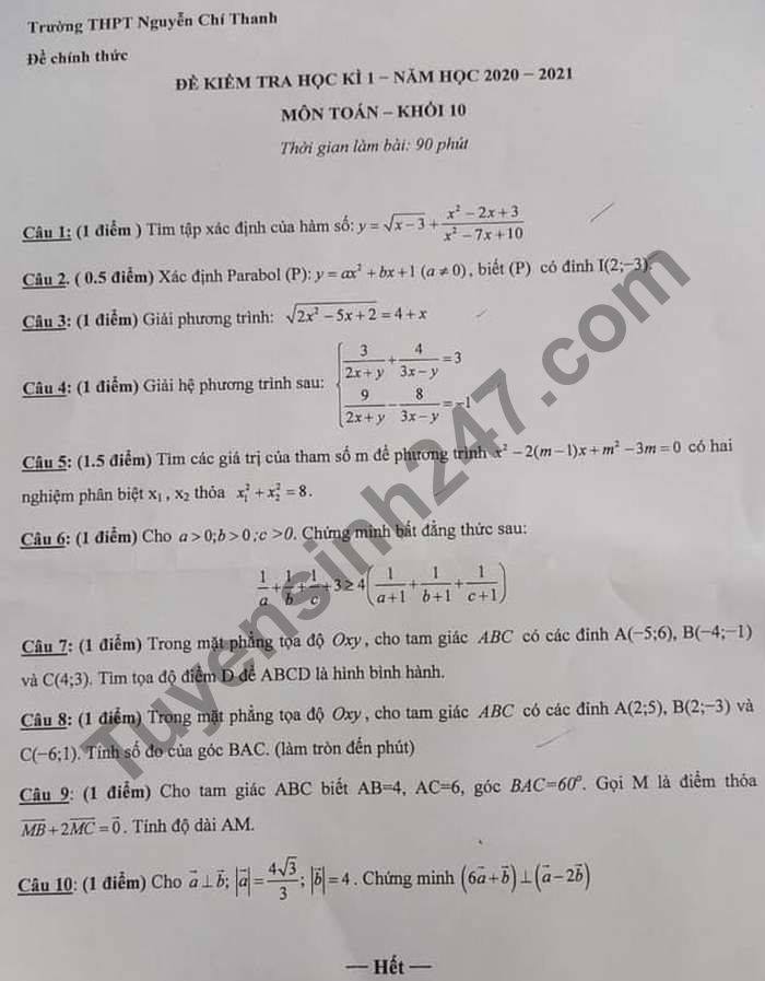 Đề thi học kì 1 môn Toán lớp 10 năm 2020 THPT Nguyễn Chí Thanh