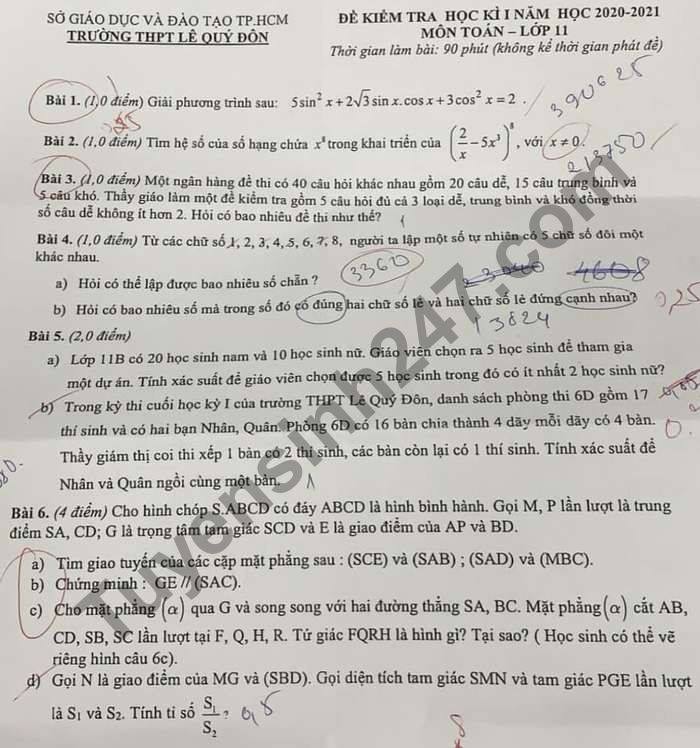 Đề thi học kì 1 Toán lớp 11 năm 2020 THPT Lê Quý Đôn