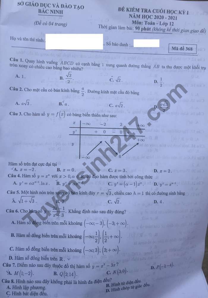 Đề thi học kì 1 năm 2020 lớp 12 môn Toán Sở GD Bắc Ninh