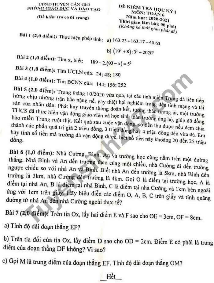 Đề thi học kì 1 năm 2020 môn Toán lớp 6 huyện Cần Giờ