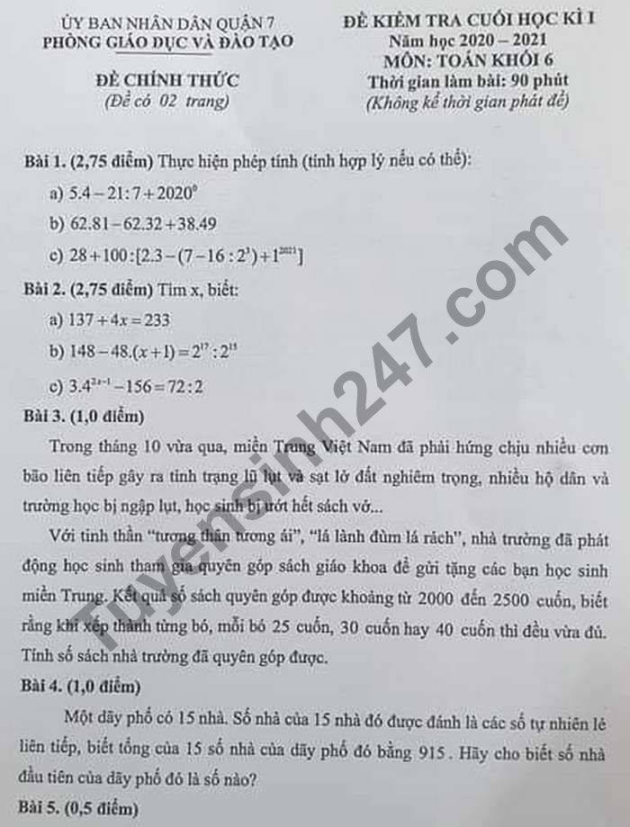 Đề thi học kì 1 môn Toán lớp 6 năm 2020 Phòng GD Quận 7