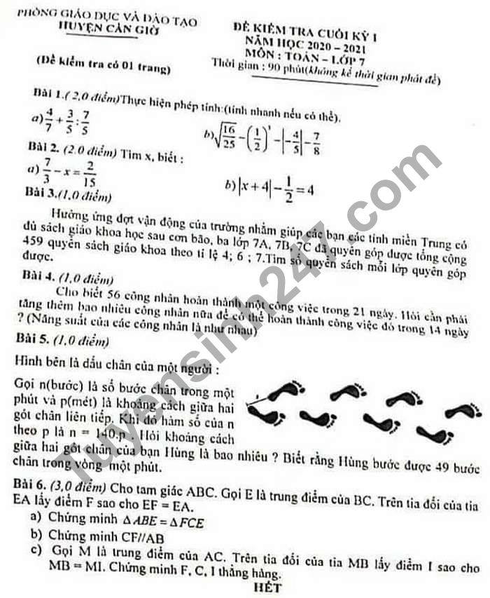 Đề thi học kì 1 Phòng GD huyện Cần Giờ môn Toán lớp 7 năm 2020