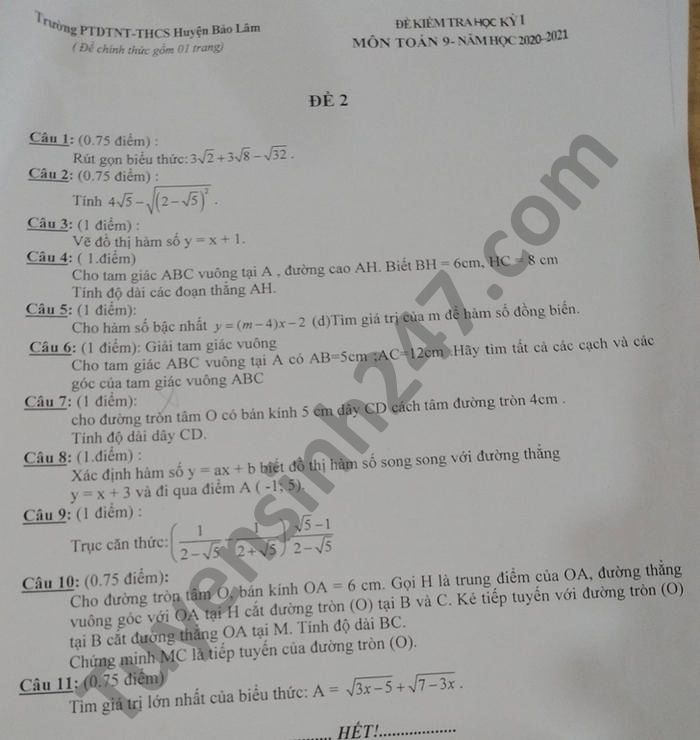 Đề thi học kì 1 năm 2020 PTDTNT-THCS huyện Bảo Lâm Toán lớp 9