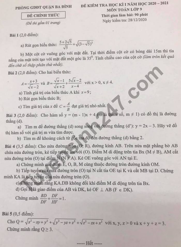 Đề thi học kì 1 môn Toán lớp 9 Quận Ba Đình năm 2020