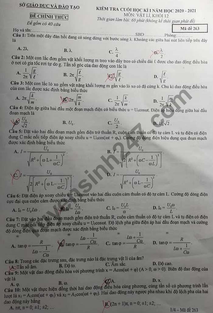 Đề thi học kì 1 môn Vật Lí lớp 12 Sở GD Bình Dương năm 2020