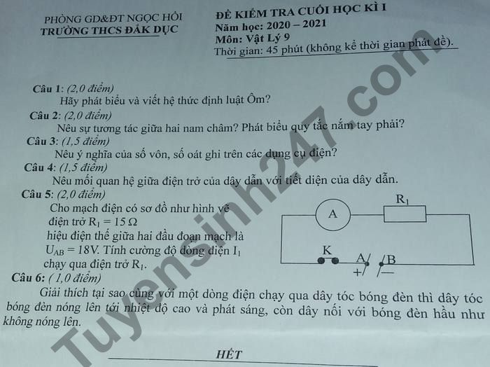 Đề thi học kì 1 môn Lý lớp 9 Trường THCS Đắk Dục năm 2020