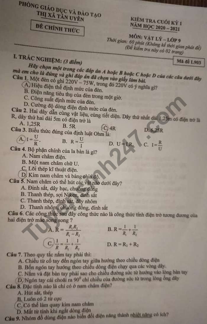 Đề thi học kì 1 môn Lý lớp 9 năm 2020 Phòng GD Thị xã Tân Uyên