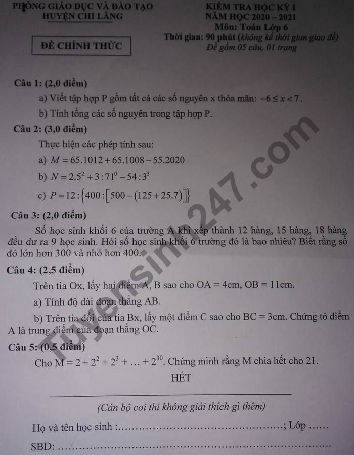 Đề thi học kì 1 Phòng GD huyện Chi Lăng môn Toán lớp 6 năm 2020